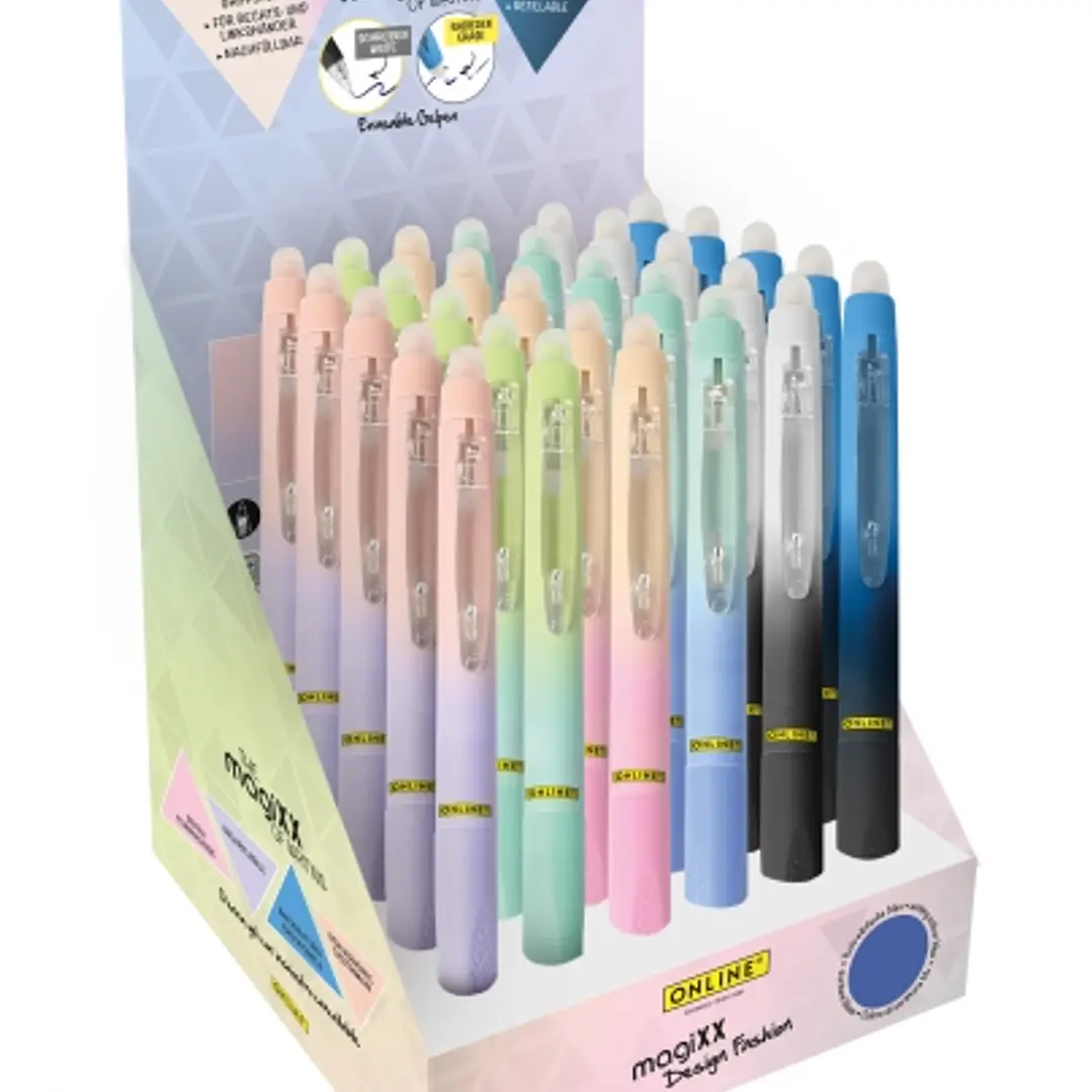 Online MagiXX Design Fashion Expositor con 30 Boligrafos de Tinta Gel Borrable - Retractil - Trazo de 0.7mm - Cartucho Reemplazable - Tinta Azul - Uso 1