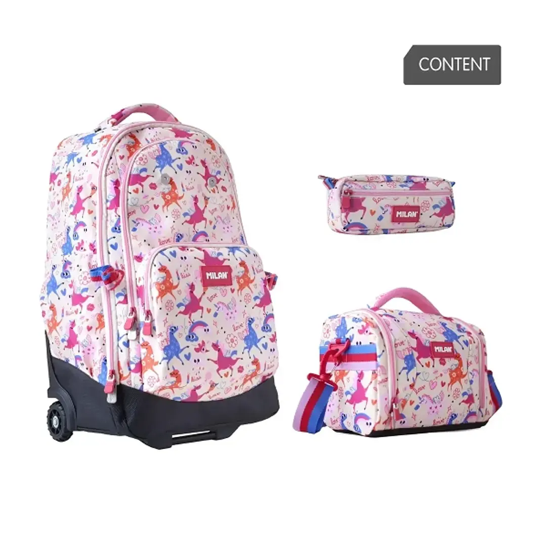 Milan Flowicorn Pack de Mochila con Ruedas 25L + Bolsa Isotermica Porta Alimentos de 5L + Estuche de 2 Cremalleras 1