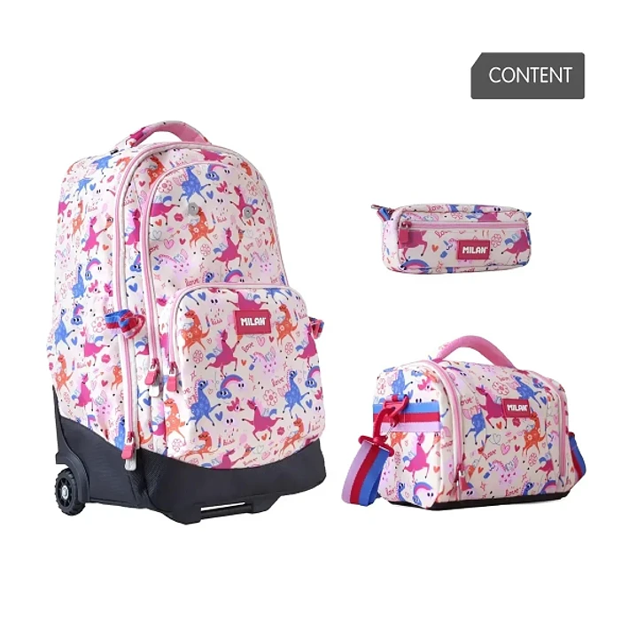 Milan Flowicorn Pack de Mochila con Ruedas 25L + Bolsa Isotermica Porta Alimentos de 5L + Estuche de 2 Cremalleras 1