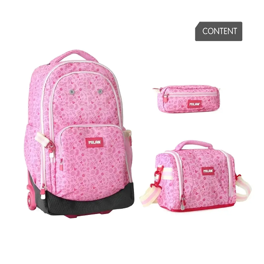 Milan Pink Flowers Pack de Mochila con Ruedas 25L + Bolsa Isotermica Porta Alimentos de 5L + Estuche de 2 Cremalleras 1