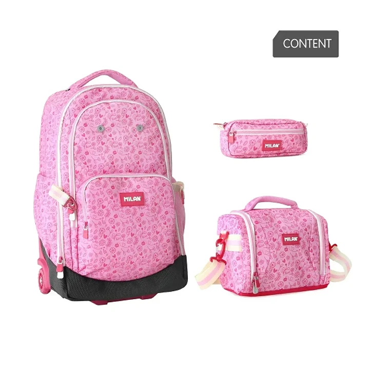 Milan Pink Flowers Pack de Mochila con Ruedas 25L + Bolsa Isotermica Porta Alimentos de 5L + Estuche de 2 Cremalleras 1