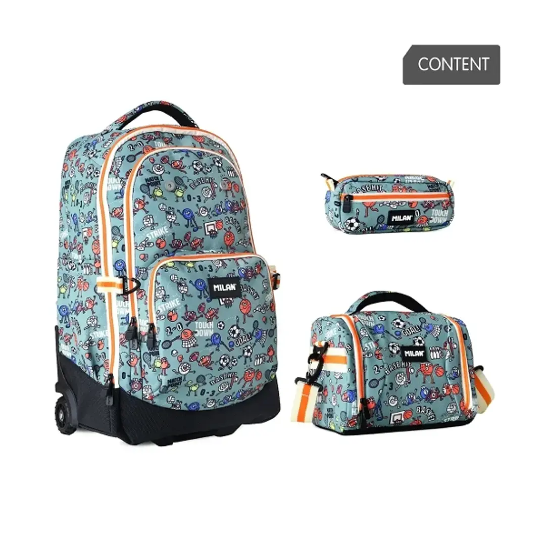 Milan Sports Pack de Mochila con Ruedas 25L + Bolsa Isotermica Porta Alimentos de 5L + Estuche de 2 Cremalleras 1