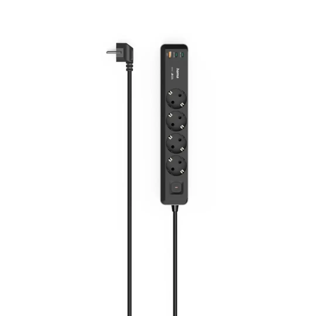 Hama Regleta Alimentacion con 7 Tomas - Potencia Maxima 3680W - Cable 1.4m - 4x Schuko - 2x USB-C - 1x USB-A - Interruptor de Encendido - Enchufe Schu 1