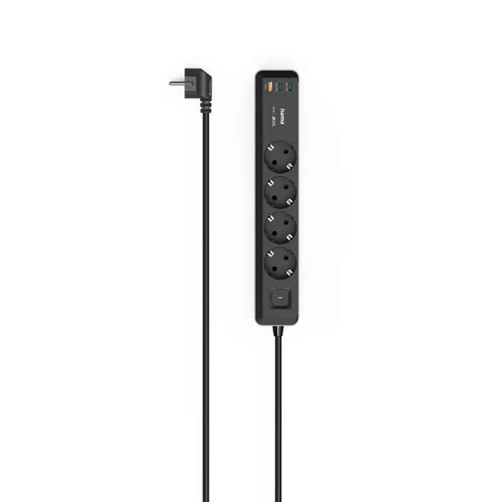 Hama Regleta Alimentacion con 7 Tomas - Potencia Maxima 3680W - Cable 1.4m - 4x Schuko - 2x USB-C - 1x USB-A - Interruptor de Encendido - Enchufe Schu 1