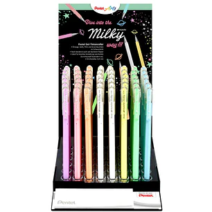 Pentel Hybrid Milky Expositor de 48 Boligrafos de Bola - Punta Fina 0.8mm - Trazo 0.4mm - Tinta de Gel Opaca - Colores Surtidos