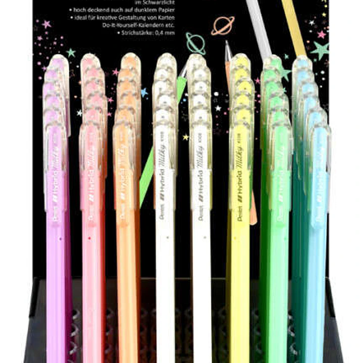 Pentel Hybrid Milky Expositor de 48 Boligrafos de Bola - Punta Fina 0.8mm - Trazo 0.4mm - Tinta de Gel Opaca - Colores Surtidos 1