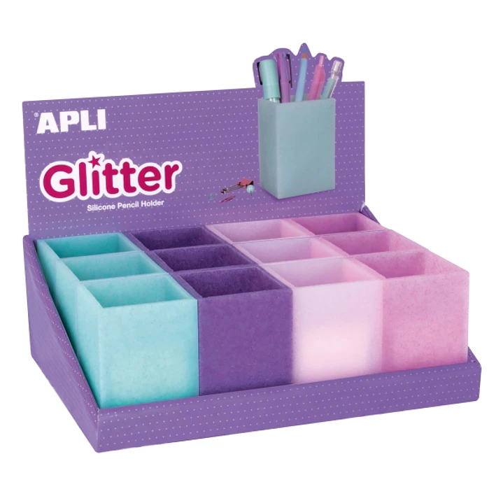 Apli Nordik Expositor de 12 Portalapices Silicona con Purpurina Cuadrados - Medidas 70x70x95mm - Colores Glitter Surtidos 1