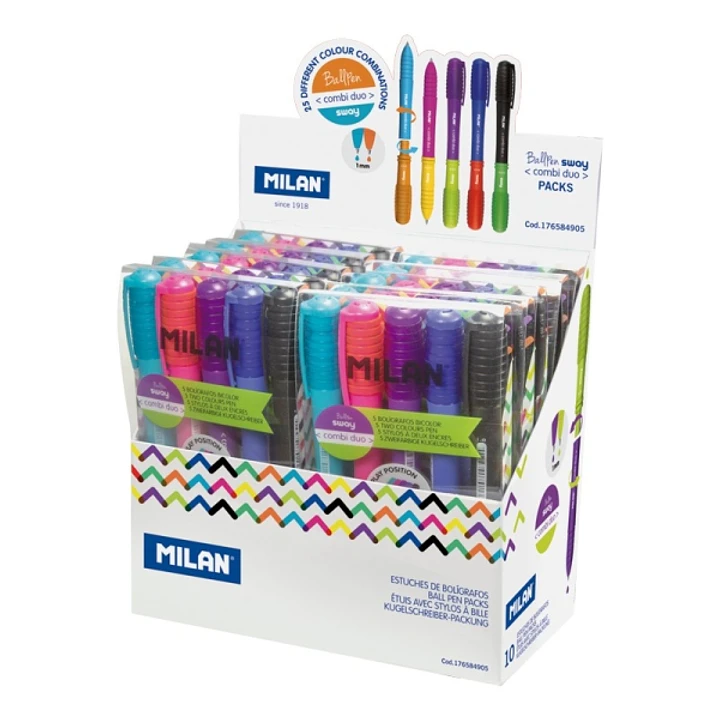 Milan Sway Combi Duo Expositor con 10 Estuches de 5 Boligrafos de Bola Retractiles - Punta Redonda 1mm - Doble Punta Intercambiable - Colores Surtidos 1