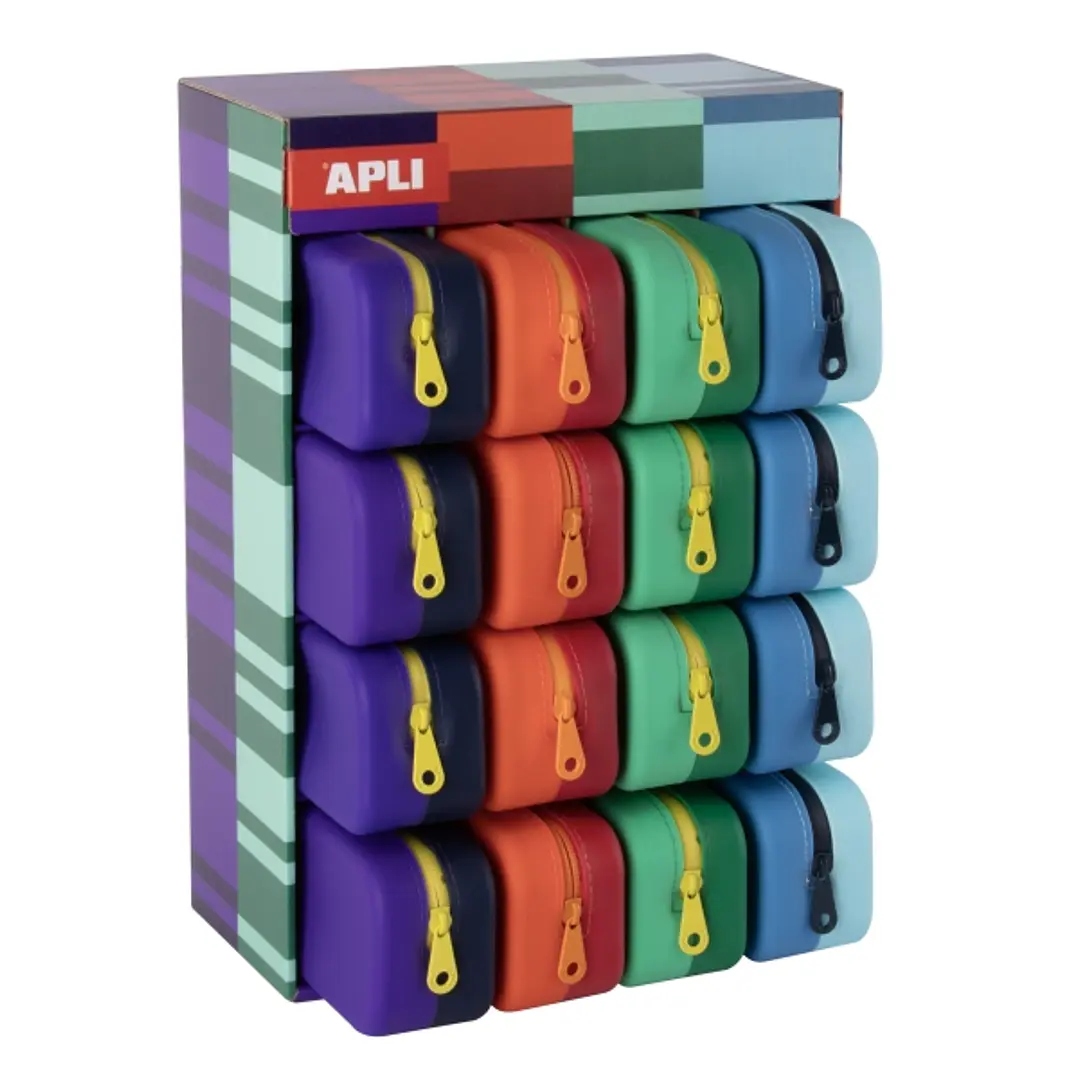 Apli Bright Bicolor Expositor de 16 Estuches de Silicona Rectangulares Bicolor - Cremallera Repelente al Agua - Medidas 75x185x55mm - Colores Surtidos 1