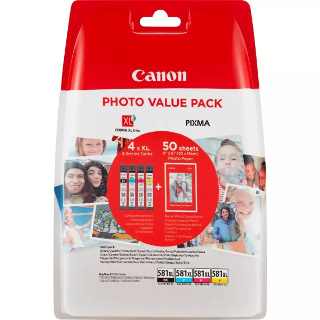 Canon CLI581XL Pack de 4 Cartuchos de Tinta Originales - 50 Hojas de Papel Fotografico - 2052C004/2052C006 1