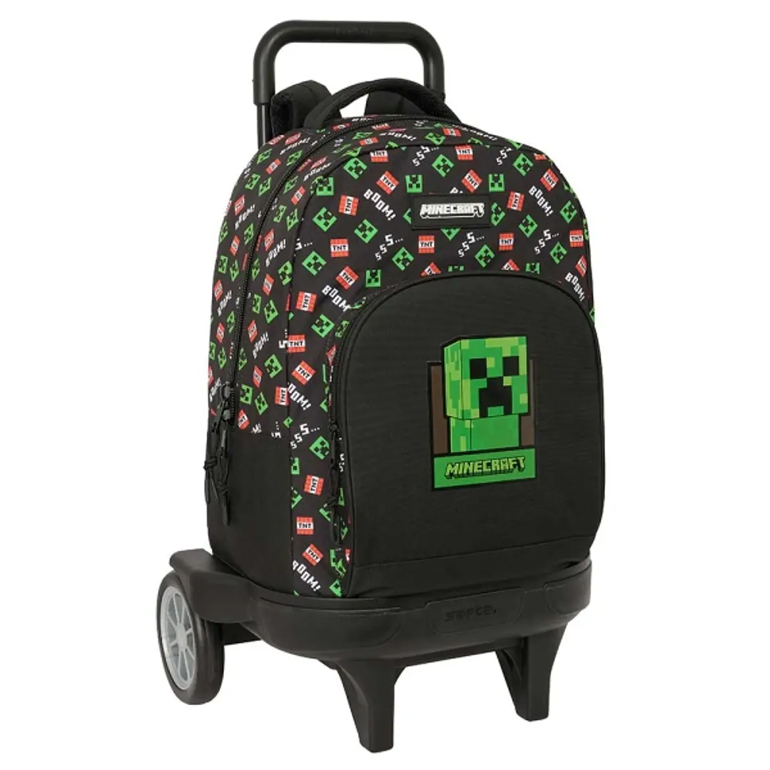 Safta Minecraft Mochila con Carro - Extraible - Bolsillo Frontal - Ruedas Antivibracion - Asa Acolchada Superior - Carro de Polipropileno - Base Refor 1