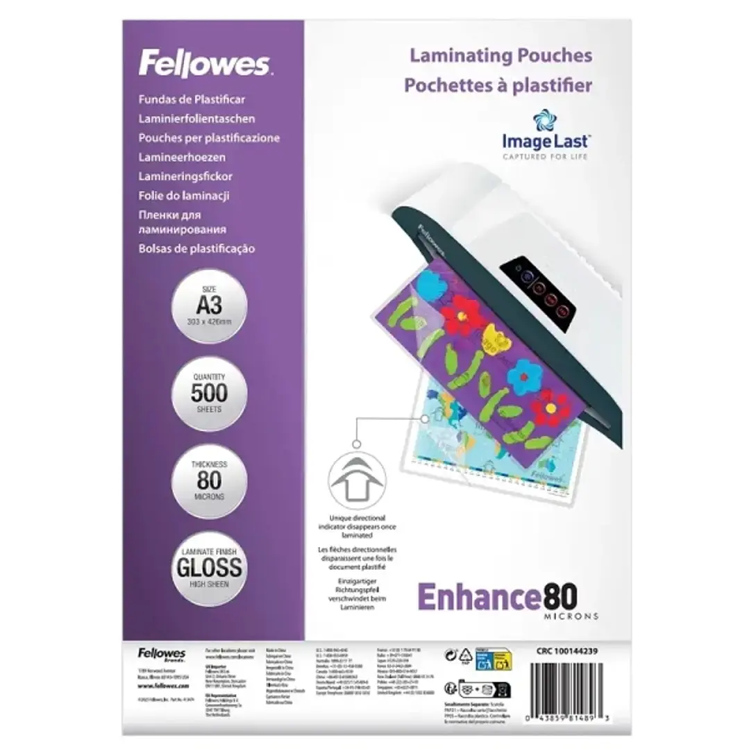 Fellowes Imagelast Pack de 500 Fundas para Plastificar - Formato A3 - Efecto Brillo - 80 micras - Flechas Indicadoras de Direccion - Transparente 1
