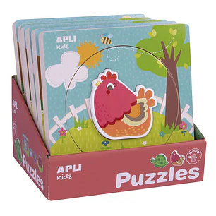 Apli Expositor de Puzles de Madera Encajables - 198x198x18 mm - 6 Puzles con Ciclo de Vida y Animal - Guia Impresa - Alto Valor Didactico - Color Natu