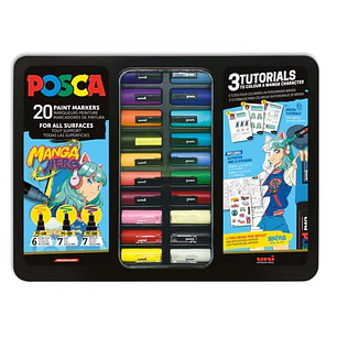 Posca Manga Hero Maleta Metalica con 20 Marcadores de Pintura + 3 Tutoriales - Surtido en Color y Trazo - Punta de Poliester - Tinta Pigmentada Base A