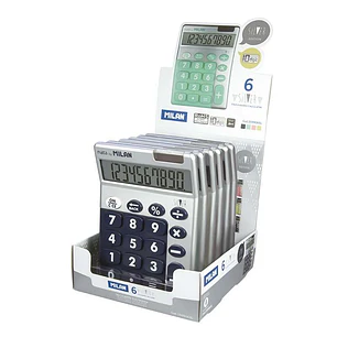 Milan Expositor de 6 Calculadoras 10 Digitos Silver - Calculadora de Sobremesa - Teclas Grandes - Tecla Rectificacion Entrada de Datos - Colores Surti