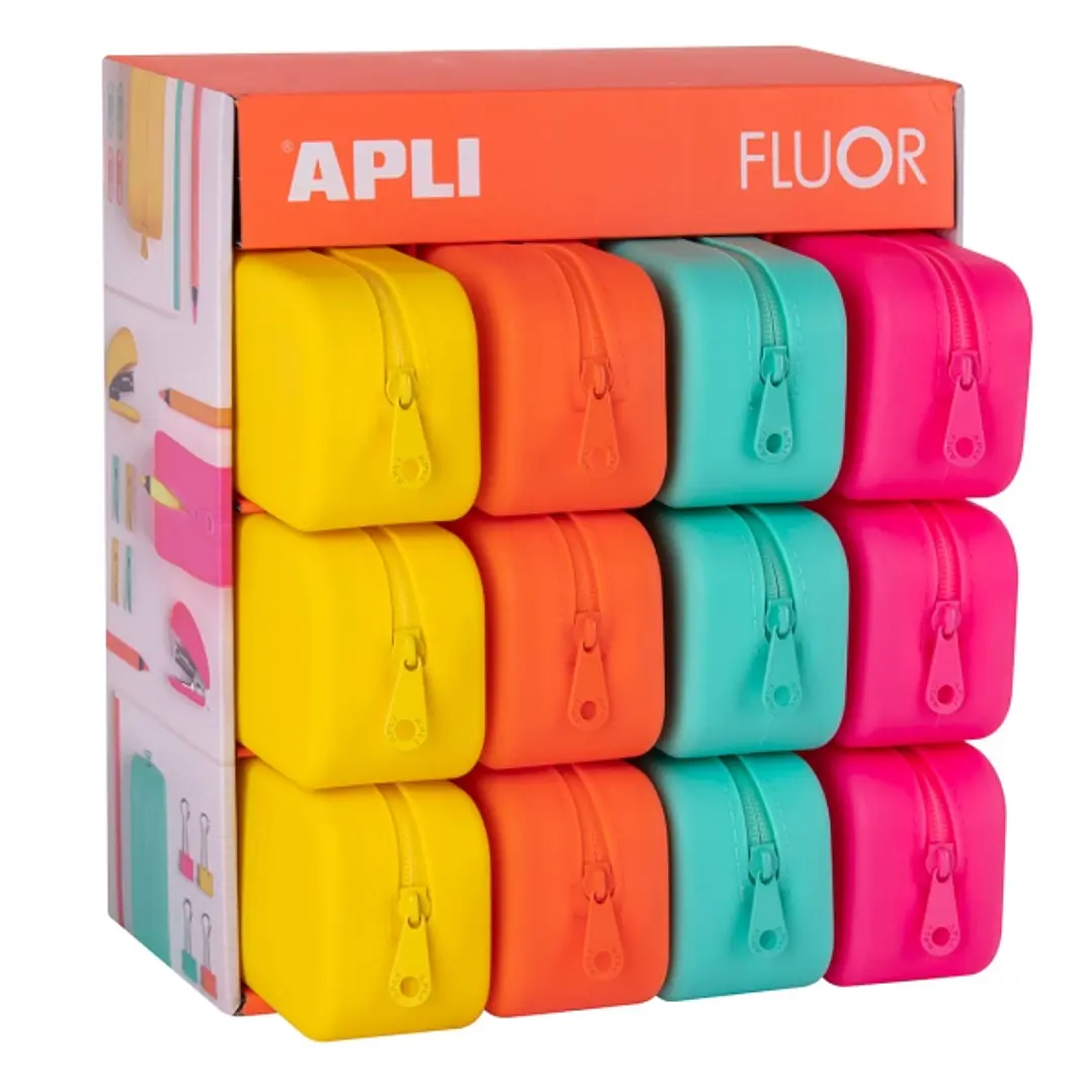 Apli Fluor Expositor de 12 Estuches de Silicona Rectangulares - Resistentes al Agua - Medidas 75x185x55mm - Colores Surtidos 1