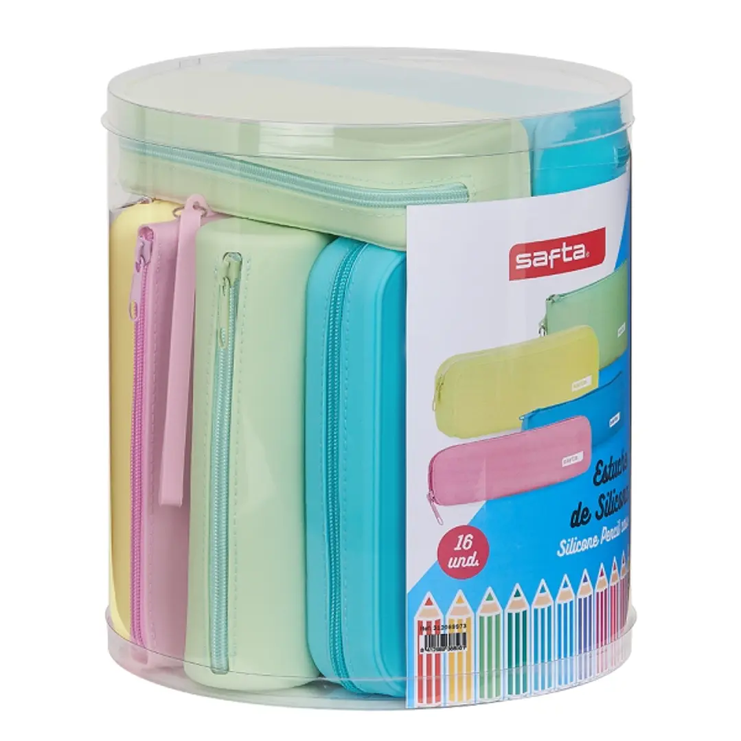 Safta Pack de 16 Estuches - Caja Cilindrica de PVC Transparente - Silicona de Alta Calidad - Flexible - Facil de Limpiar - 227x230mm - Colores Surtido 1