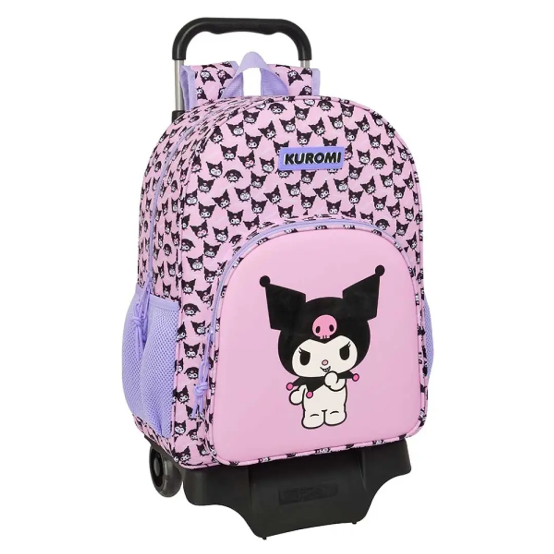 Safta Kuromi Mochila con Carro - Extraible - Portabotellas - Bolsillo Frontal - Cremallera con Doble Tirador - Asa de Mano - 33x42x14cm - Color Rosa 1