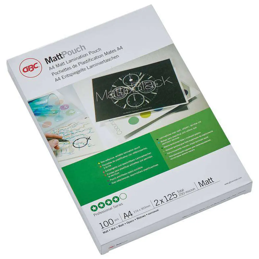 GBC Carteras Plastificacion Mate - A4, 2x125 Micras - Resistente Al Agua - Acabado Mate - Tamaño 216x303mm - Superficie Escribible - Duracion Prolonga 1
