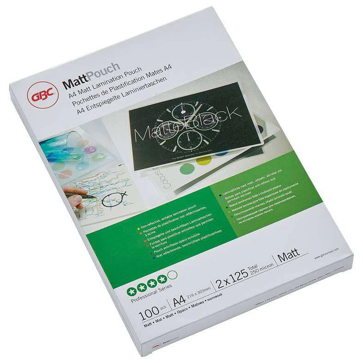 GBC Carteras Plastificacion Mate - A4, 2x125 Micras - Resistente Al Agua - Acabado Mate - Tamaño 216x303mm - Superficie Escribible - Duracion Prolonga 1