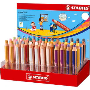 Stabilo Woody 3 en 1 Expositor con 48 Lapices de Colores - Lapiz de Color, Cera y Acuarela, Todo en Uno - Mina XXL 10mm - Colores Surtidos