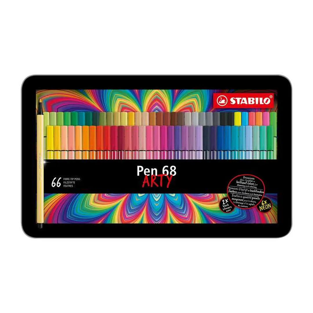 Stabilo Pen 68 Arty Caja Metalica de 66 Rotuladores - Punta de Fibra - Trazo de 1mm aprox. - Tinta a Base de Agua - Capuchon Ventilado - Colores Surti 1