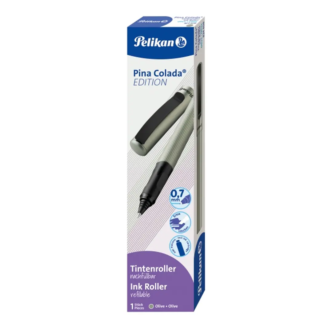 Pelikan Pina Colada Boligrafo Recargable - Trazo de 0.7mm - Agarre Ergonomico Ambidiestro - Cuerpo Rayado Efecto Metalico - Cartucho TP6 Azul Real - C 1