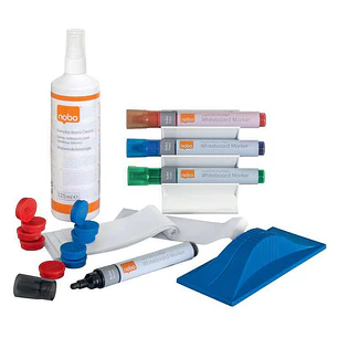 Nobo Pack de Accesorios para Pizarra Blanca - Incluye 4 Rotuladores, Borrador Magnetico, Spray de Limpieza y 10 Imanes - Practico y Completo