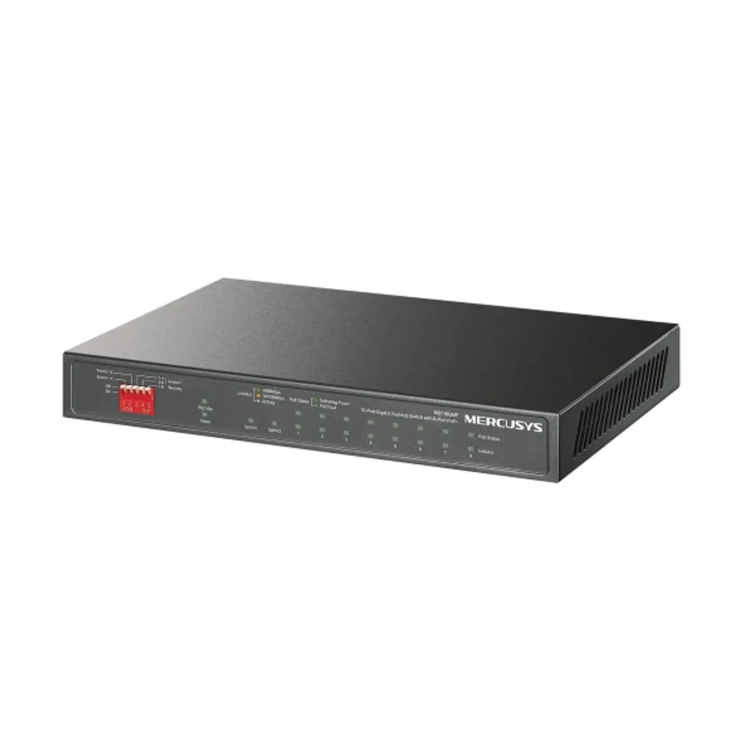 Mercusys MS110GMP Switch 10 Puertos Gigabit RJ45 10/100/1000Mbps - 8 Puertos Gigabit PoE+ y 2 Puertos Gigabit Uplink - Plug & Play - Diseño Metalico - 1