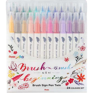 Pentel Brush Sing Pen Twin Pack de 24 Rotuladores con Doble Punta de Pincel Flexible - Punta Ancha 1-4mm, Punta Fina 0,2-2mm - Colores Surtidos