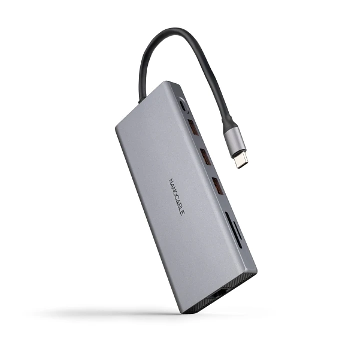 Nanocable HUB USB-C 12 en 1 - Conversor USB-C 3.1 a 3 x USB-A 3.2 + 3 x USB-C 3.2 + USB-C PD 100W + 2 x HDMI 4K@60Hz + DP 4K@60Hz + RJ45 + TF + SD + A 1