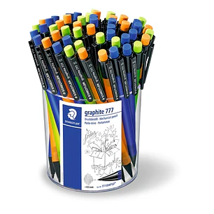 Staedtler Graphite 777 Expositor con 50 Portaminas 0.5mm - Cuerpo Engomado - Goma de Borrar - Colores Surtidos