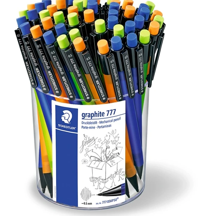 Staedtler Graphite 777 Expositor con 50 Portaminas 0.5mm - Cuerpo Engomado - Goma de Borrar - Colores Surtidos 1