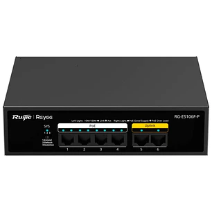 Ruijie RG-ES106F-P Switch - 6 Puertos - Velocidad hasta 100Mbps - PoE/PoE+ hasta 54W - Carcasa de Acero - Color Negro