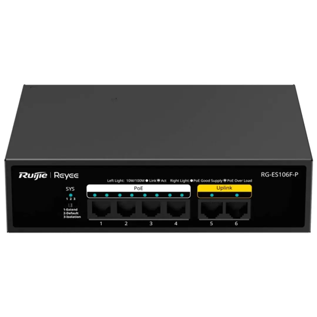 Ruijie RG-ES106F-P Switch - 6 Puertos - Velocidad hasta 100Mbps - PoE/PoE+ hasta 54W - Carcasa de Acero - Color Negro 1