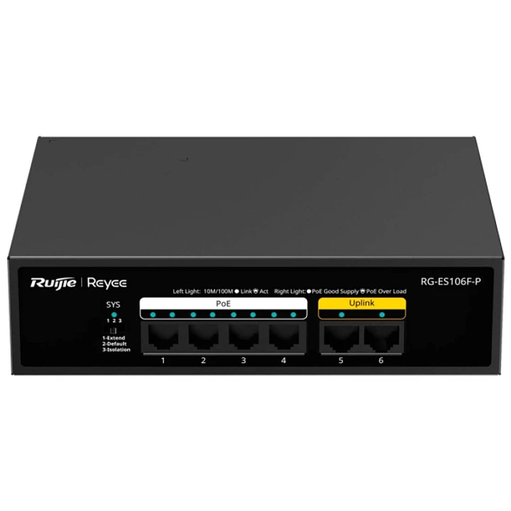Ruijie RG-ES106F-P Switch - 6 Puertos - Velocidad hasta 100Mbps - PoE/PoE+ hasta 54W - Carcasa de Acero - Color Negro 1