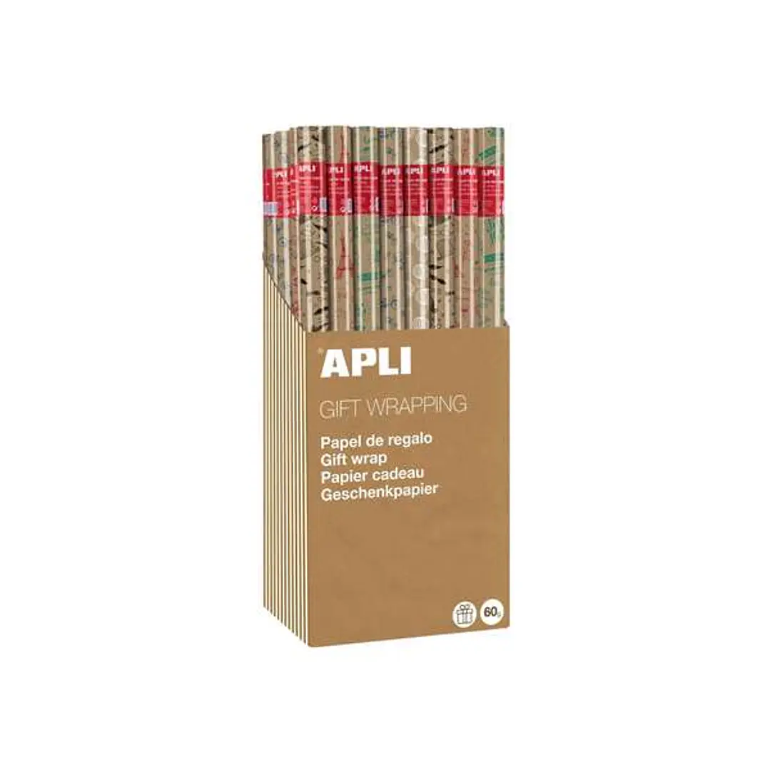 Apli Expositor de 55 Rollos de Papel Regalo Kraft Fun - 11 Rollos por Color - Medidas del Rollo 0.70x2m - 5 Diseños 1