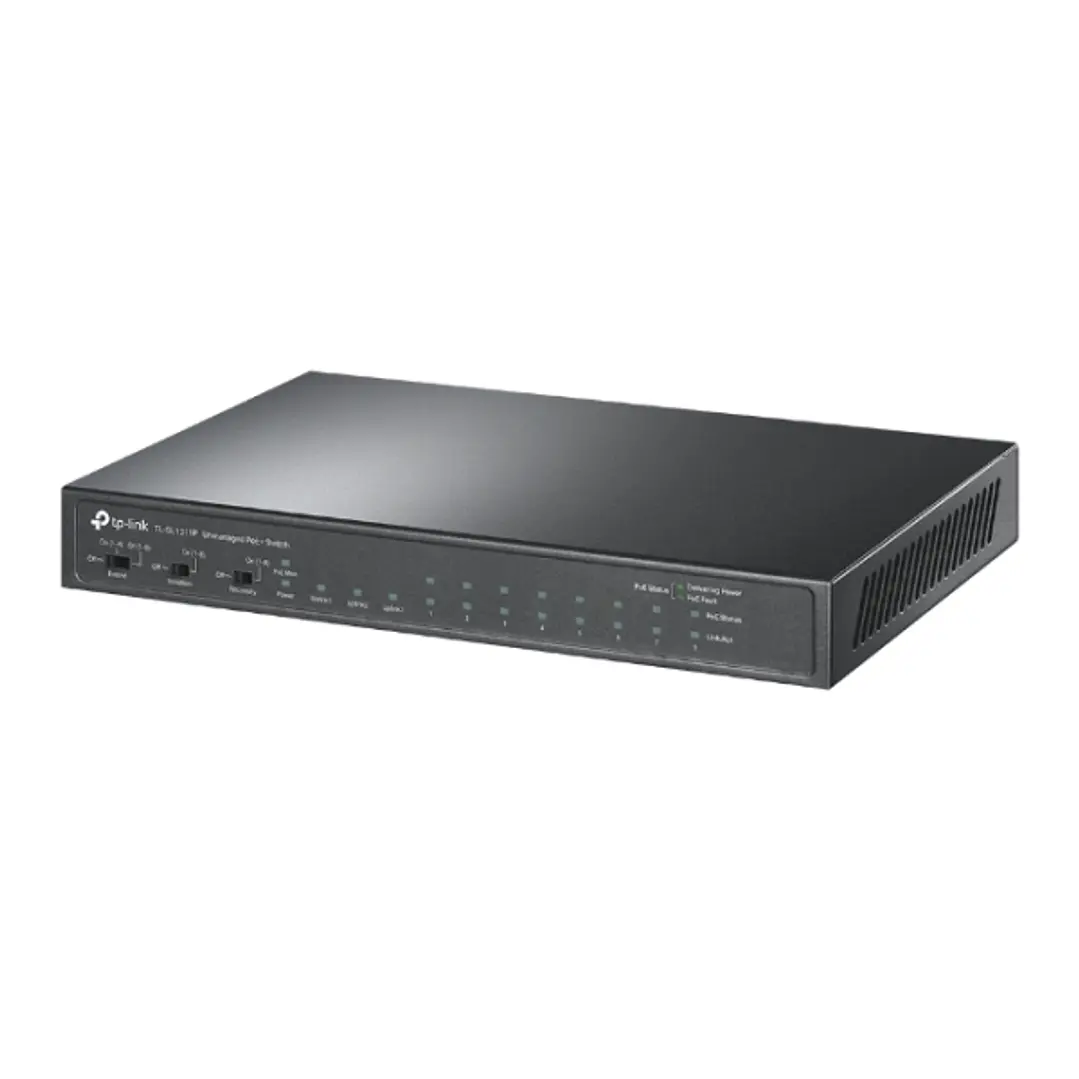 TP-Link TL-SL1311P Switch 11 Puertos - Alcance hasta 250m con Cable - 8xRJ45 PoE+ 100Mbps - 2xRJ45 1Gbps - SFP 1Gbps - Recuperacion Automatica - Plug  1