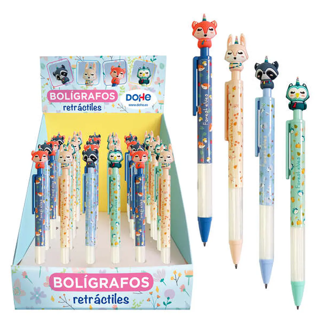 Dohe Forest Elves Boligrafos Retractiles - Punta de Bola Metalica de 1mm - Tinta Base de Aceite en Color Azul - Cuerpo de Plastico en Colores Vivos -  1