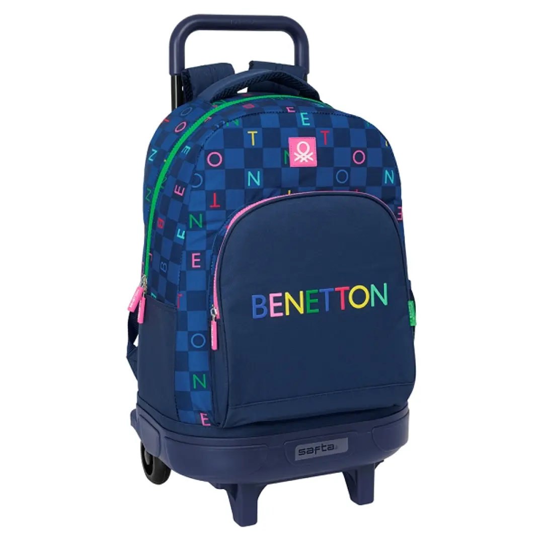 Safta Benetton Damero Mochila con Carro Integrado - Extraible para Facilitar su Limpieza - Base Reforzada - Asa Extraible - 33x45x22cm - Color Azul Ma 1