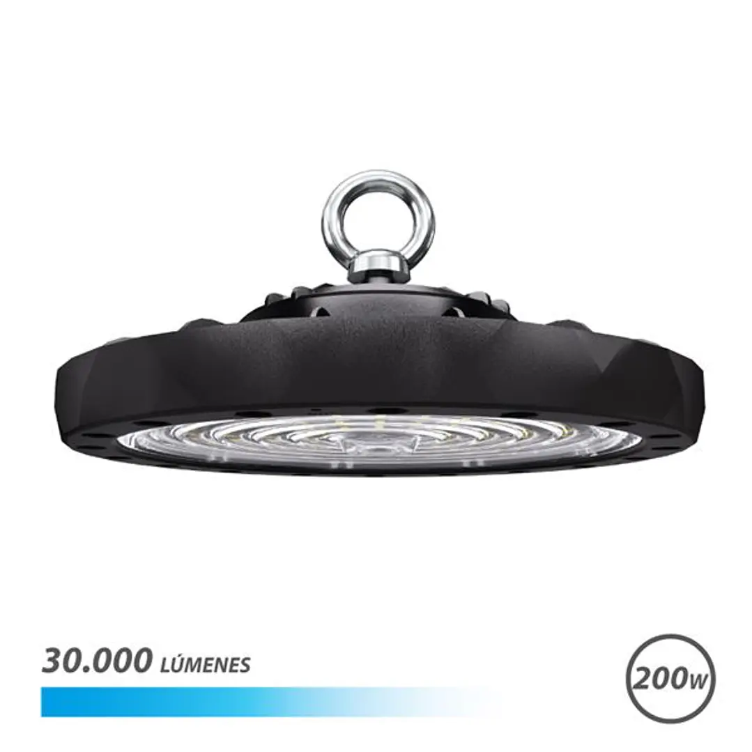Elbat Lampara LED UFO de Techo - Potencia: 200W - Lumenes: 30000 - Luz Fria: 6500K - Ac 100-240V - Diametro: 32,8cm - Angulo ajustable - Color Negro 1