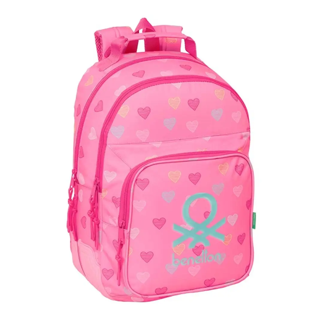 Safta Benetton Heart Mochila con 2 Compartimentos - Antirozaduras - Adaptable a Carro - Bolsillo Frontal - Portabotellas - Tirador Doble - Hombreras E 1