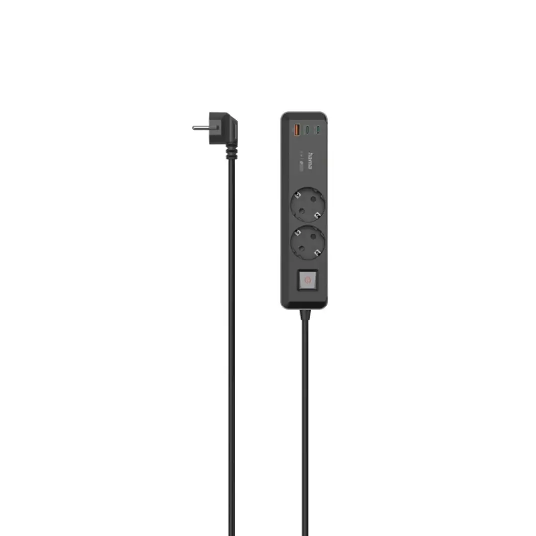 Hama Regleta Alimentacion con 5 Tomas - Potencia Maxima 3680W - Cable 1.4m - 2x Schuko - 2x USB-C - 1x USB-A - Interruptor de Encendido - Enchufe Schu 1