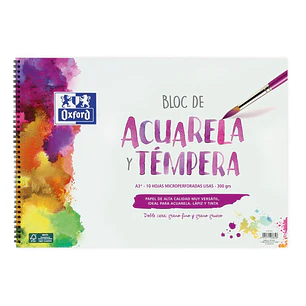 Oxford Pintura Escolar Bloc Espiral Acuarela y Tempera A3+ - Tapa Blanda/Contratapa Rigida - 10 Hojas - 300gr Liso