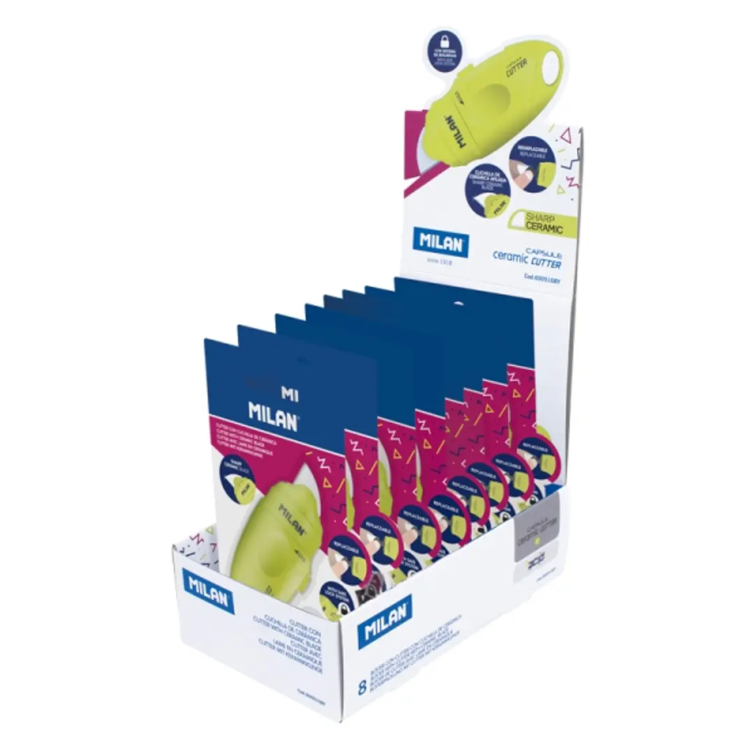 Milan Capsule Acid Expositor con 8 Blisters de Cuters - Hoja Ceramica Reemplazable - Bloqueo de Seguridad - Ergonomico - Color Amarillo 1