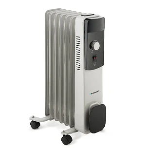 Blaupunkt Radiador de Aceite - Potencia 1500W - Ruedas - Termostato Regulable - Recogecable - Asa Lateral - Indicador Luminoso - Color Blanco y Negro