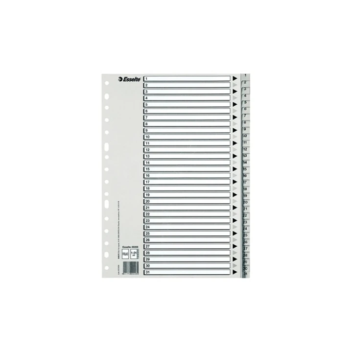Esselte Indice Numerico de Plastico - Pestañas 1 al 31 - Multitaladro - Formato A4 - Color Gris 1