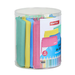 Safta Silicone Glitter Pack de 12 Estuches Planos - Silicona con Purpurina - Caja Cilindrica de PVC Transparente - Flexible - Facil de Limpiar - 195x2