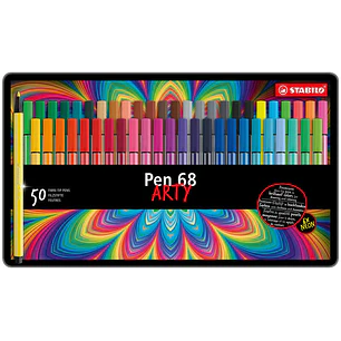 Stabilo Pen 68 Arty Caja Metalica de 50 Rotuladores - Punta de Fibra - Trazo de 1mm aprox. - Tinta a Base de Agua - Capuchon Ventilado - Colores Surti