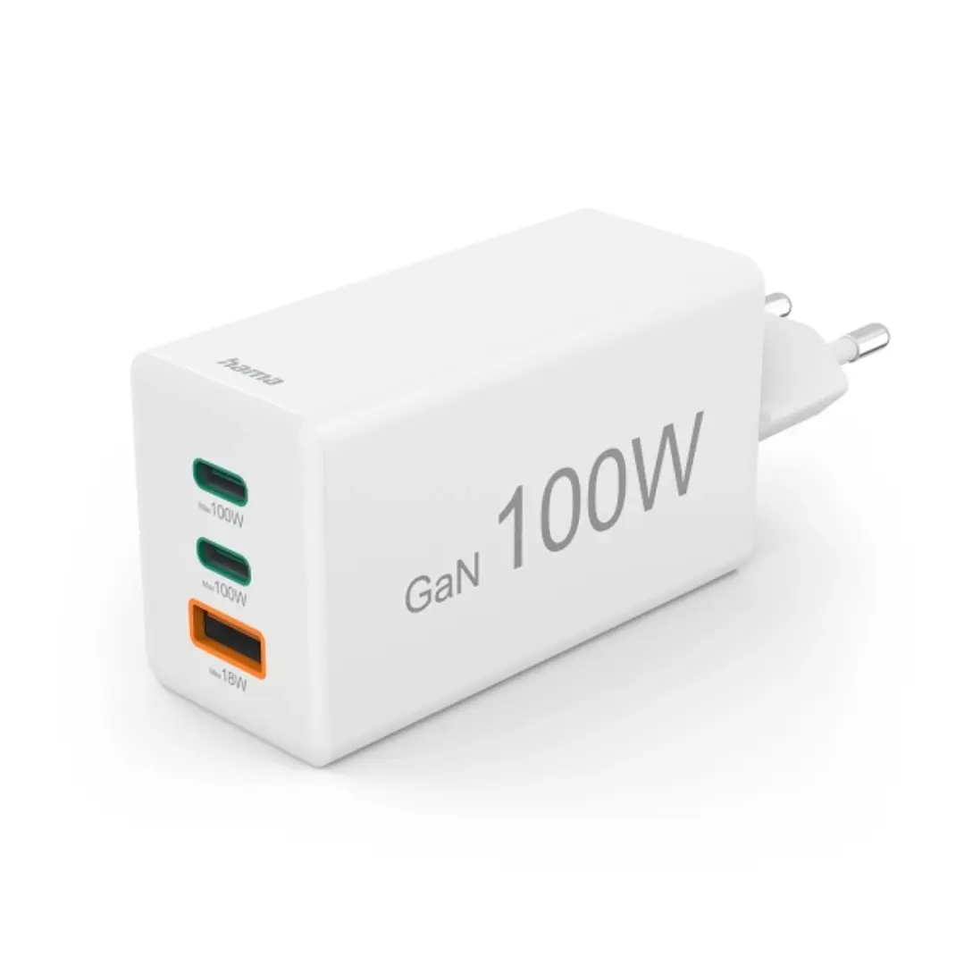 Hama Cargador de Pared - Potencia 100W - 2x USB-C - USB-A - Power Delivery - Qualcomm - GaN - Color Blanco 1